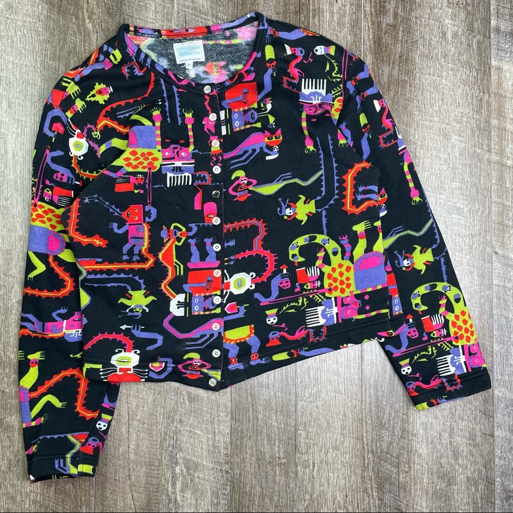 United Colors of Benetton Abstract Colorful Snap Button Sweatshirt Size Small - Picture 1 of 13